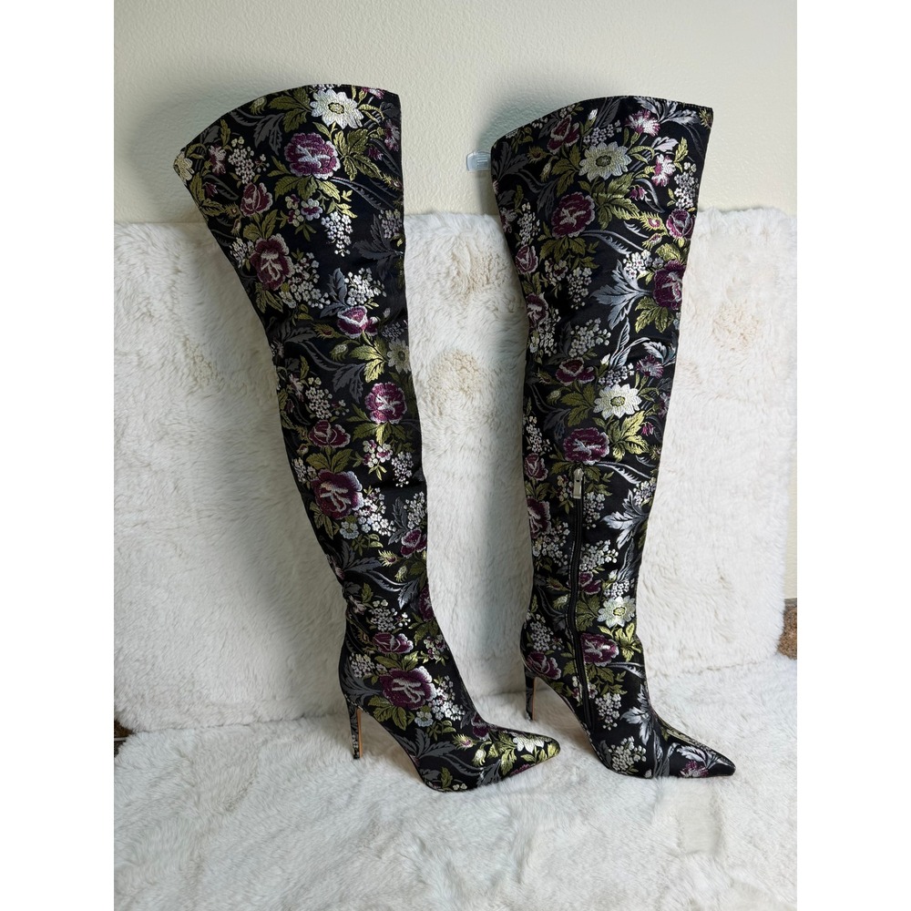 PrettyLittleThing Floral Tapestry Thigh High Pointy Boots Stiletto 6 fits 7.5M